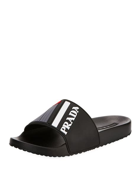 prada logo rubber slide sandals|Prada studded pony skin sandals.